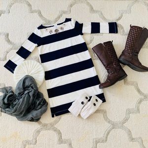 Girls’ navy blue and white striped dress
